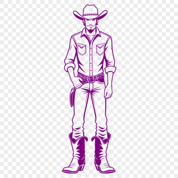 A line drawing of a cowboy in a western hat and coat, suitable for vector graphics and digital cutting.