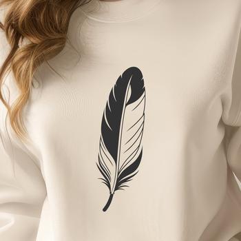 A simple line drawing illustration of a feather, suitable for use in graphic design projects.