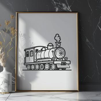 A detailed illustration of a locomotive train, suitable for cutting or laser engraving.