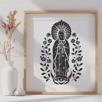 Ornate illustration of the Virgin Mary in full-body depiction with floral details.