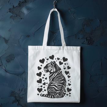 A full-body illustration of a big cat, sitting with affectionate hearts surrounding it.