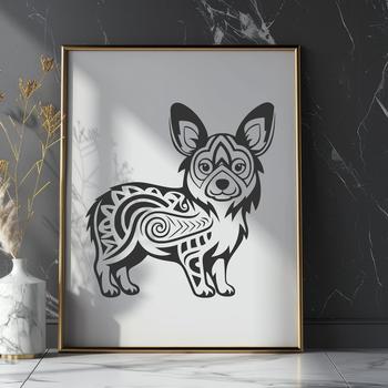 An ornate vector drawing of a traditional Welsh Corgi animal.