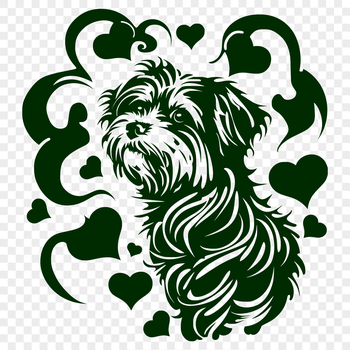 A stylized illustration of a small, white dog breed with love hearts surrounding its body.