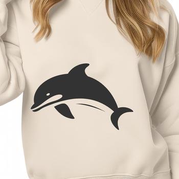 A sleek, blue-green dolphin leaping out of the water, illustrated as a vector graphic.