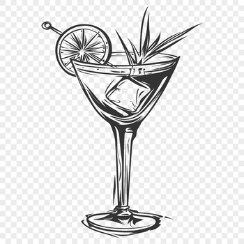 A cartoon glass containing a colorful cocktail with ice cubes and garnishes.