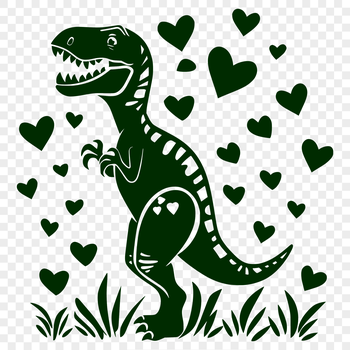 A colorful illustration of a full-body dinosaur with love hearts scattered around its body, designed as a vector art image.