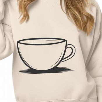 A minimalist illustration of a coffee cup with a simple handle and curved shape.