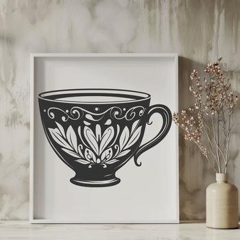 A simple white cup design made up of clean lines and geometric shapes.