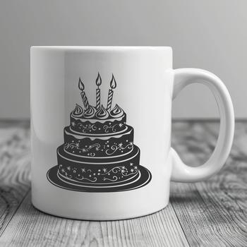 A vector graphic design featuring a traditional birthday cake with icing and fondant details.