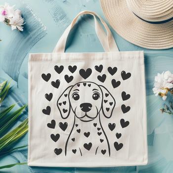 A vector illustration of a Weimaraner dog with love hearts and other design elements.
