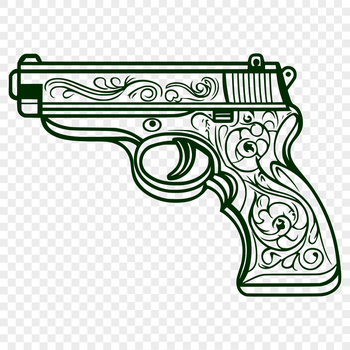 A digital illustration of a pistol with floral patterns etched into the design.