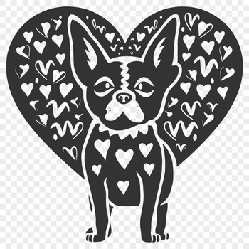 A full-body illustration of a friendly Boston Terrier with love hearts incorporated into the design.