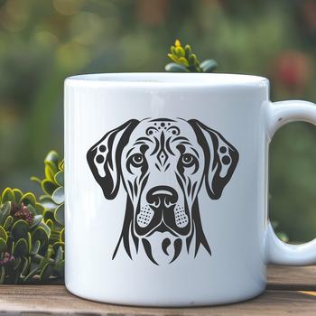 A detailed illustration of a Great Dane's head with intricate features.