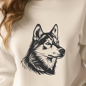 A close-up illustration of a Siberian Husky's head with distinctive markings and facial features.