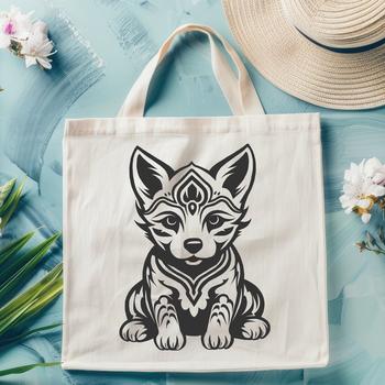 A sitting dog with distinctive fox-like features.