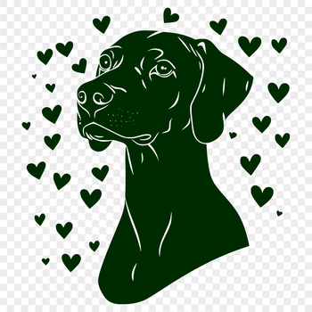A stylized illustration of a Weimaraner dog with heart symbols incorporated into its design.