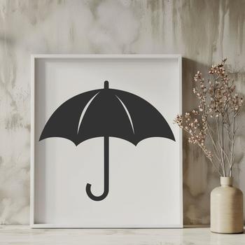 A simple silhouette of a person holding an open umbrella on a rainy day.
