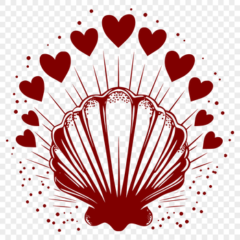 An illustration of a seashell adorned with love hearts, suitable for a seaside theme.