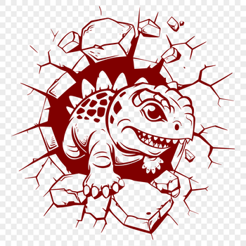 A prehistoric dino depicted in full body form, smashing through a wall.