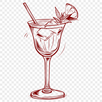 A transparent cocktail glass filled with liquid, set against a white background.