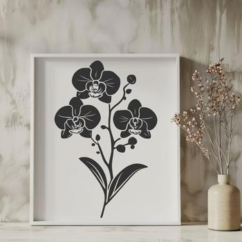 A detailed illustration of a single orchid flower with three petals and a prominent center.