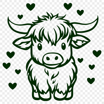 A full-body illustration of a Highland Cow standing in a field.