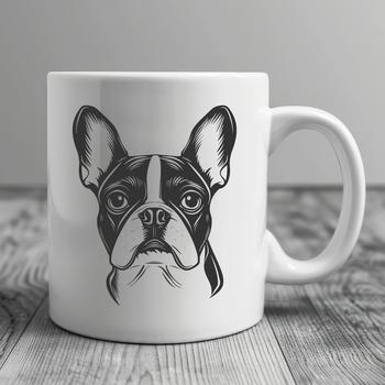 A depiction of a Boston Terrier's head with distinct facial features.