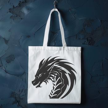 A detailed illustration of a mythical dragon's head with sharp teeth and scales.