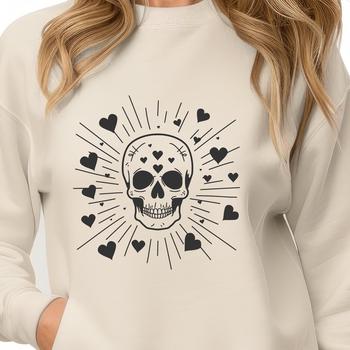 A bold skull design with intricate love hearts integrated into the skeletal structure, suitable for various art projects.