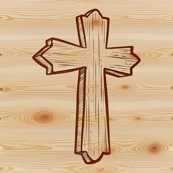 A simple white wooden cross with intricate details on the arms and base.