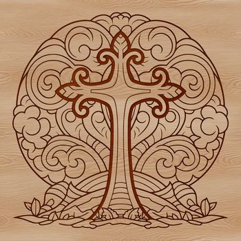 A detailed illustration of a Christian crucifix with intricate details and design elements.