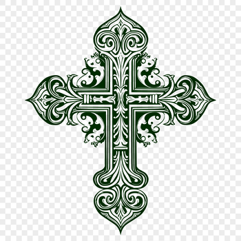 A detailed, ornate illustration of a Christian cross, symbolizing faith and devotion.
