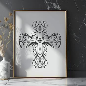 A stylized ornate cross with detailed metalwork-inspired design, suitable for religious or spiritual contexts.