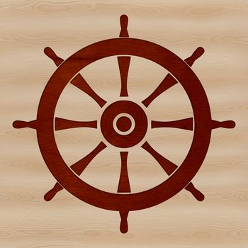 A simple nautical-themed illustration of a ships wheel with a cruise ship in the background.