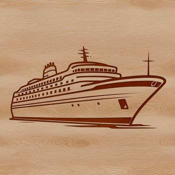 Illustrative design of a cruise ship navigating through calm waters with sailboats in the background.
