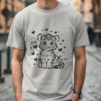 A full-body illustration of a tiger sitting in a relaxed pose, with love hearts surrounding it.