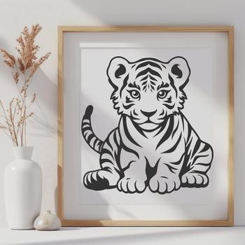 A detailed illustration of a full-body tiger sitting on its haunches.