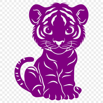 A colorful illustration of a tiger sitting on its haunches, showcasing the animal's full body and majestic features.