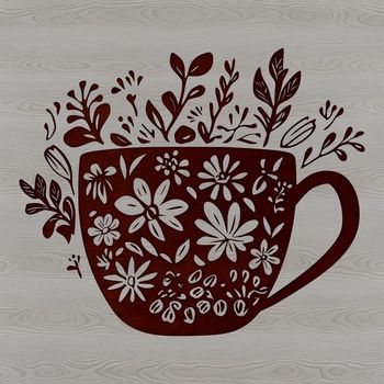 A simple, stylized cup design with floral patterns and textures, ideal for digital crafting.