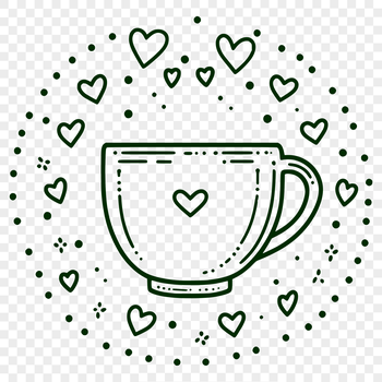 A simple illustration of a coffee cup with love hearts around it.