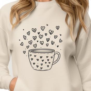 A minimalist design featuring a coffee cup with heart patterns and shapes.