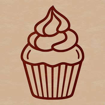 A simple line drawing of a single serving cupcake with frosting and sprinkles.