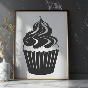 A vector graphic design featuring a stylized cupcake with decorations, suitable for printing or cutting.