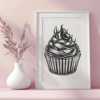 Simple design of a cupcake featuring rounded edges and bold lines.