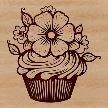 A colorful cupcake with a floral design on top, perfect for decorating or as clip art.