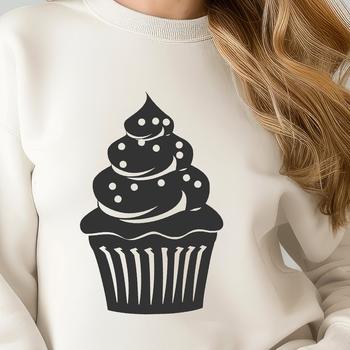 A digital representation of a decorated cupcake with frosting and sprinkles.