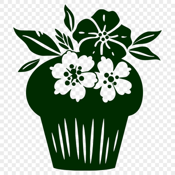 A colorful illustration of a cupcake with floral patterns on top.