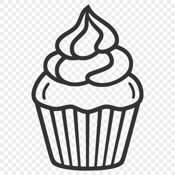 A simple line drawing illustration of a single serving-sized cupcake on a white background.