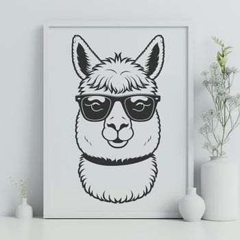 An alpaca standing on a rocky outcropping, wearing trendy sunglasses.