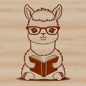 An illustration of a South American camelid, the alpaca, sitting with its head in a book.